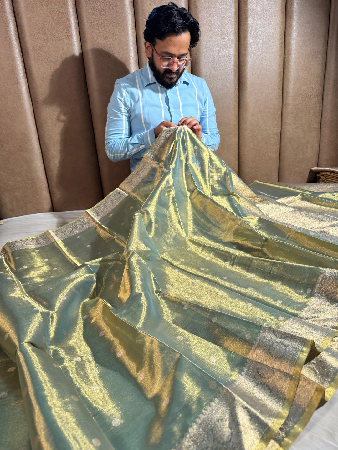 Green shade banarasi copper tissue silk saree with rich pallu and blouse