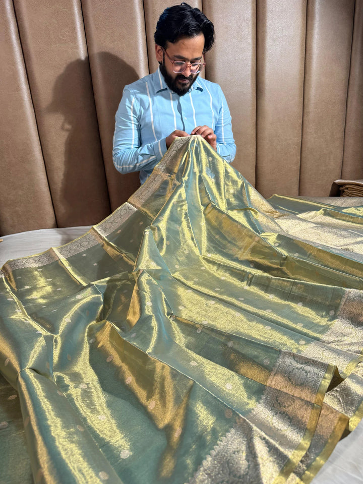 Green shade banarasi copper tissue silk saree with rich pallu and blouse