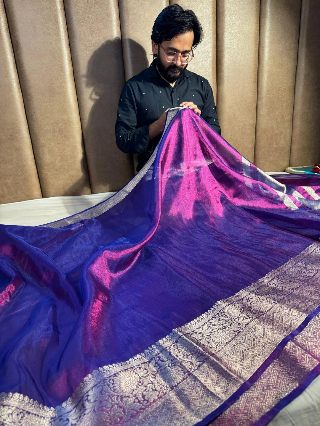 Never seen before baigani premium tissue silk saree with zari pallu and blouse
