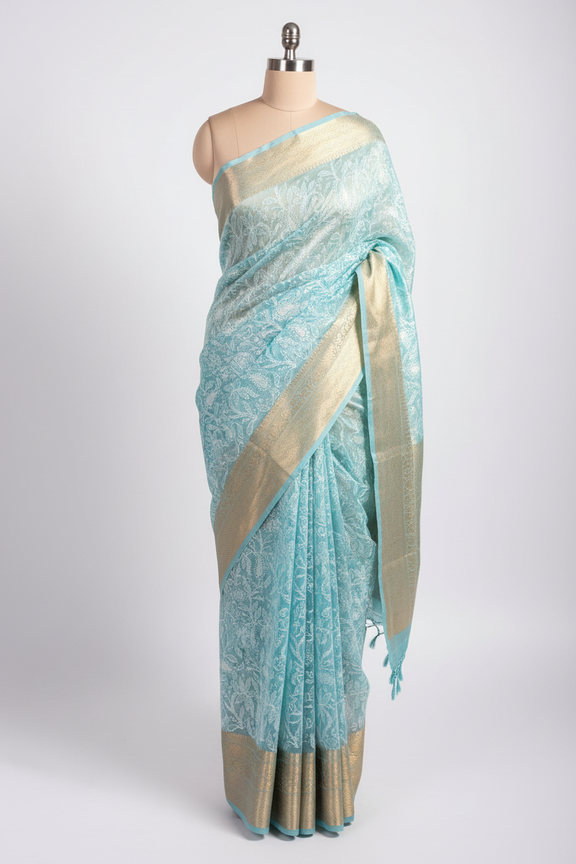 Pastel Sky Blue Organza Silk Chikankari Work Banarasi Saree