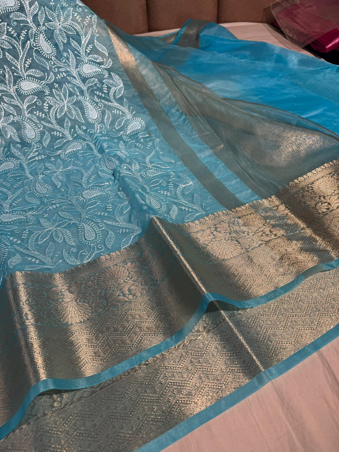 Masterpiece banarasi organza chikankari saree with zari pallu and rich texture border