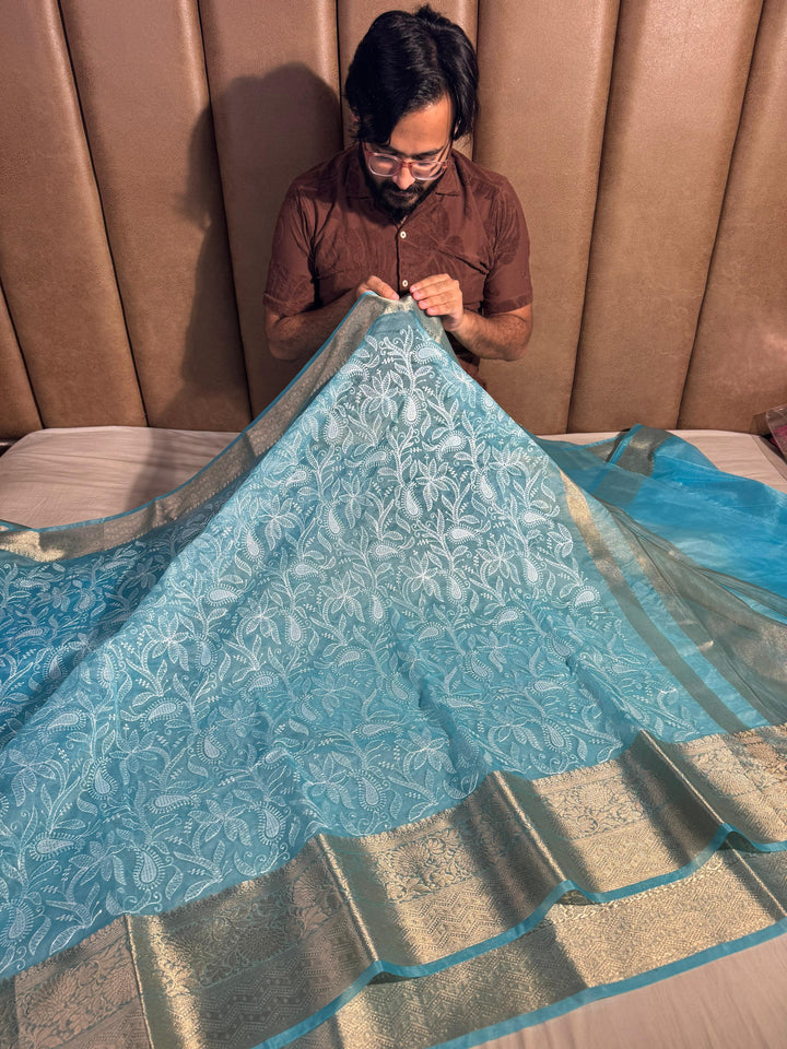 Masterpiece banarasi organza chikankari saree with zari pallu and rich texture border