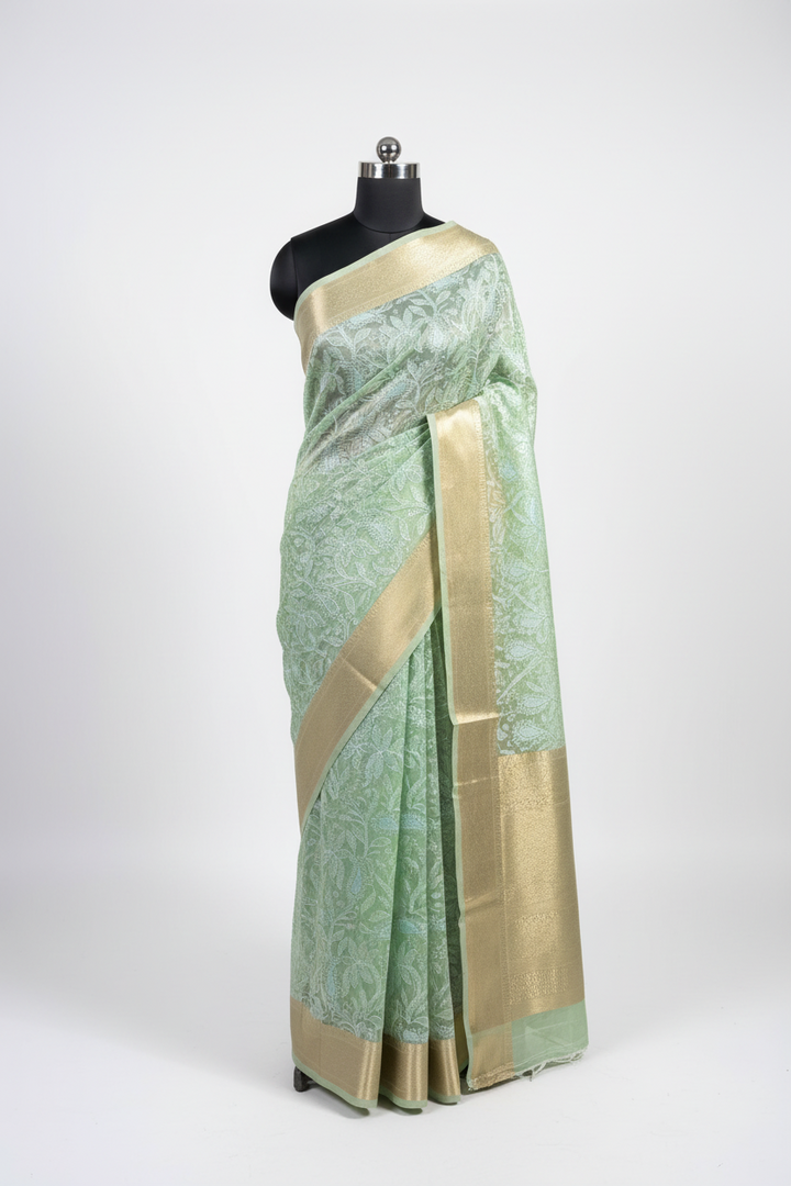 Sea Green Organza Silk Chikankari Work Banarasi Saree