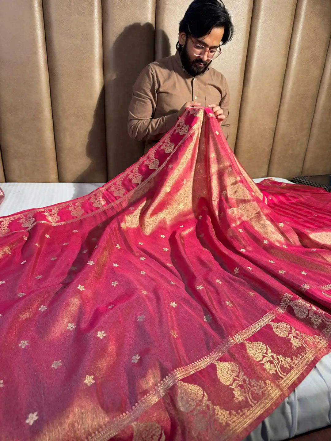 Rani Pink Breathable Katan Tissue Silk Saree with Rich Pallu and Blouse