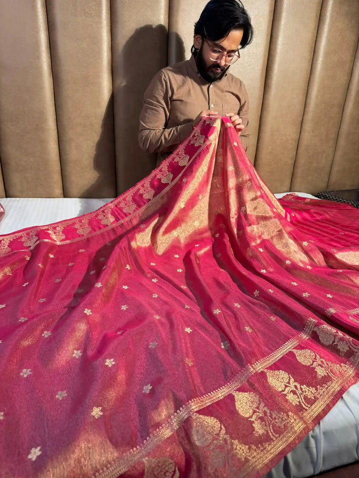 Rani Pink Breathable Katan Tissue Silk Saree with Rich Pallu and Blouse