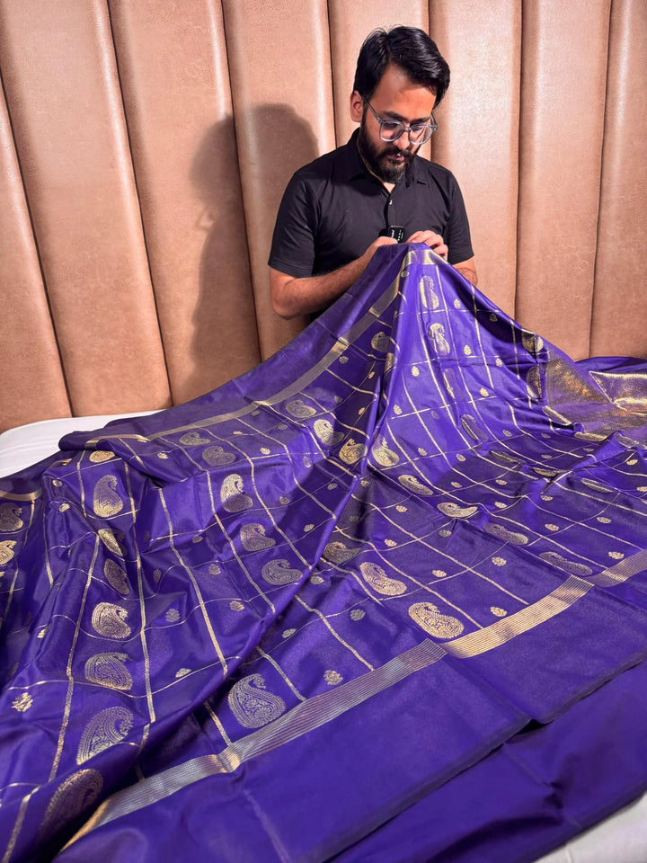 Purple banarasi semi katan silk saree with rich pallu and blouse