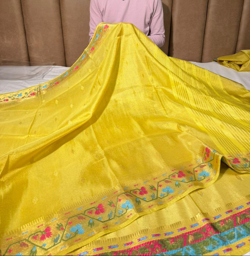 Bright Yellow Ikkat Border Breathable Katan Tissue Saree