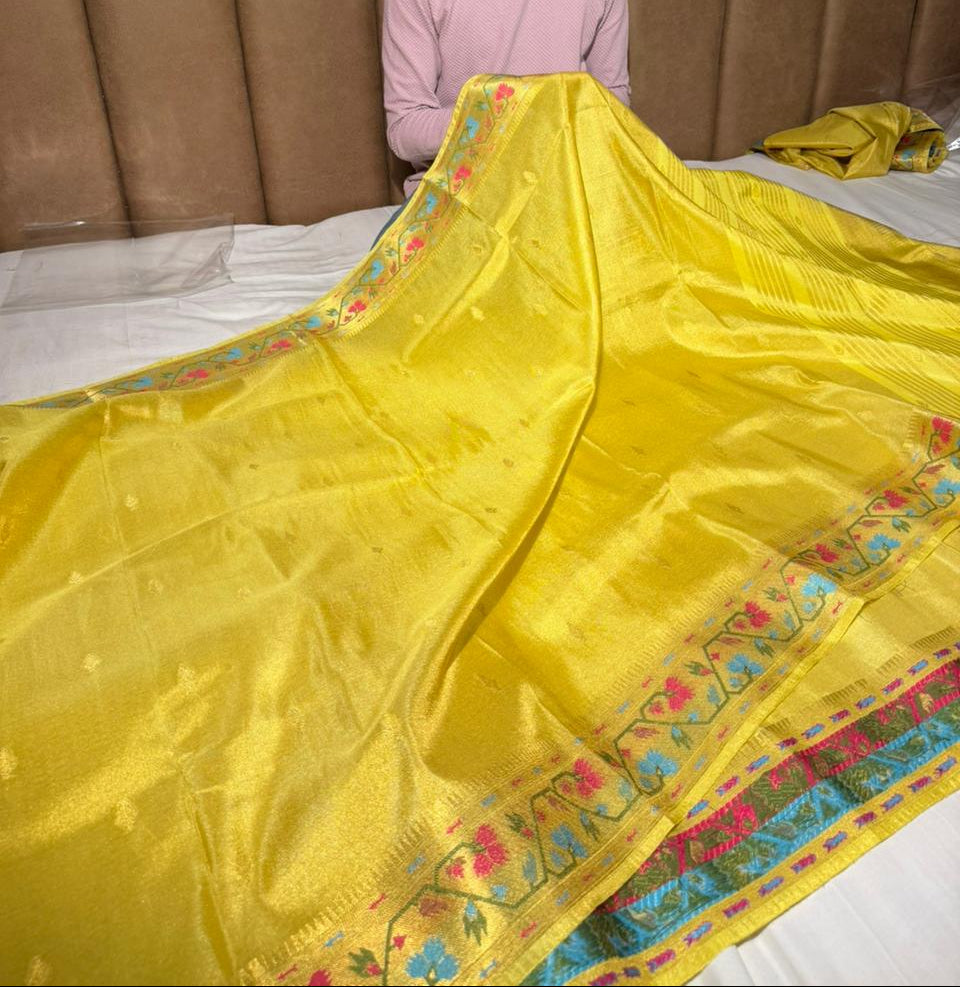 Bright Yellow Ikkat Border Breathable Katan Tissue Saree