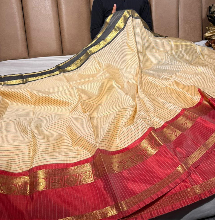Light Cream Stripes Weave Cotton Banarasi Saree