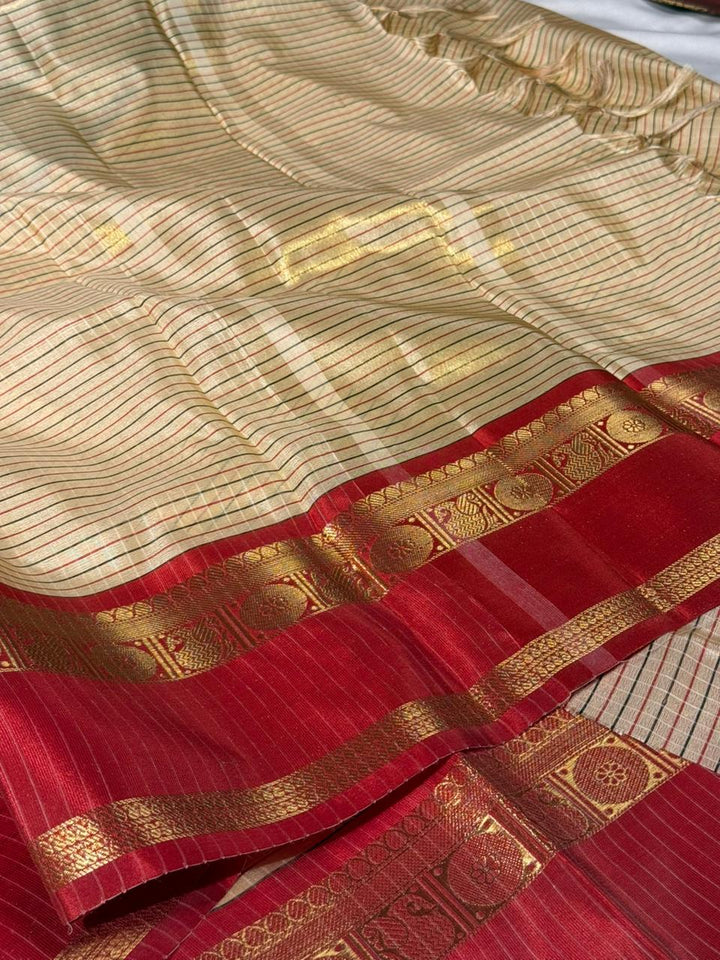 Light Cream Stripes Weave Cotton Banarasi Saree