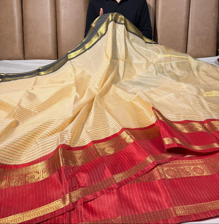 Light Cream Stripes Weave Cotton Banarasi Saree