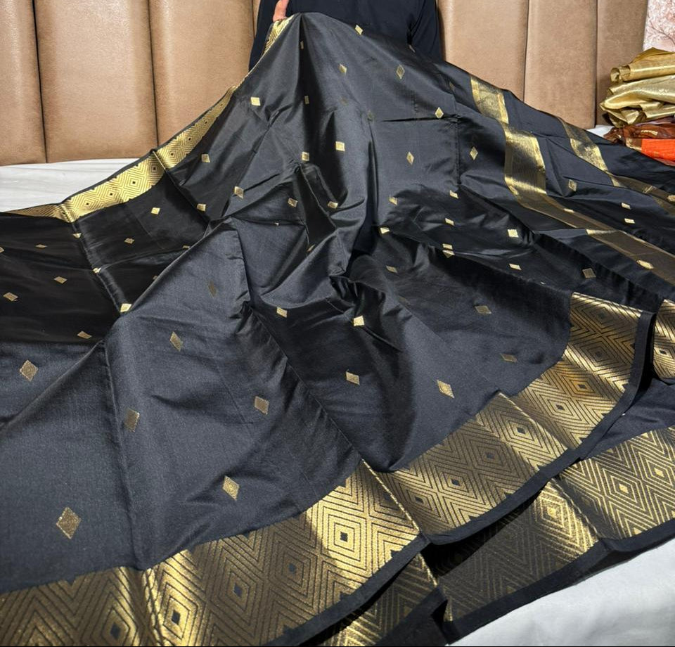 Jet black softsilk traditional Banarasi saree
