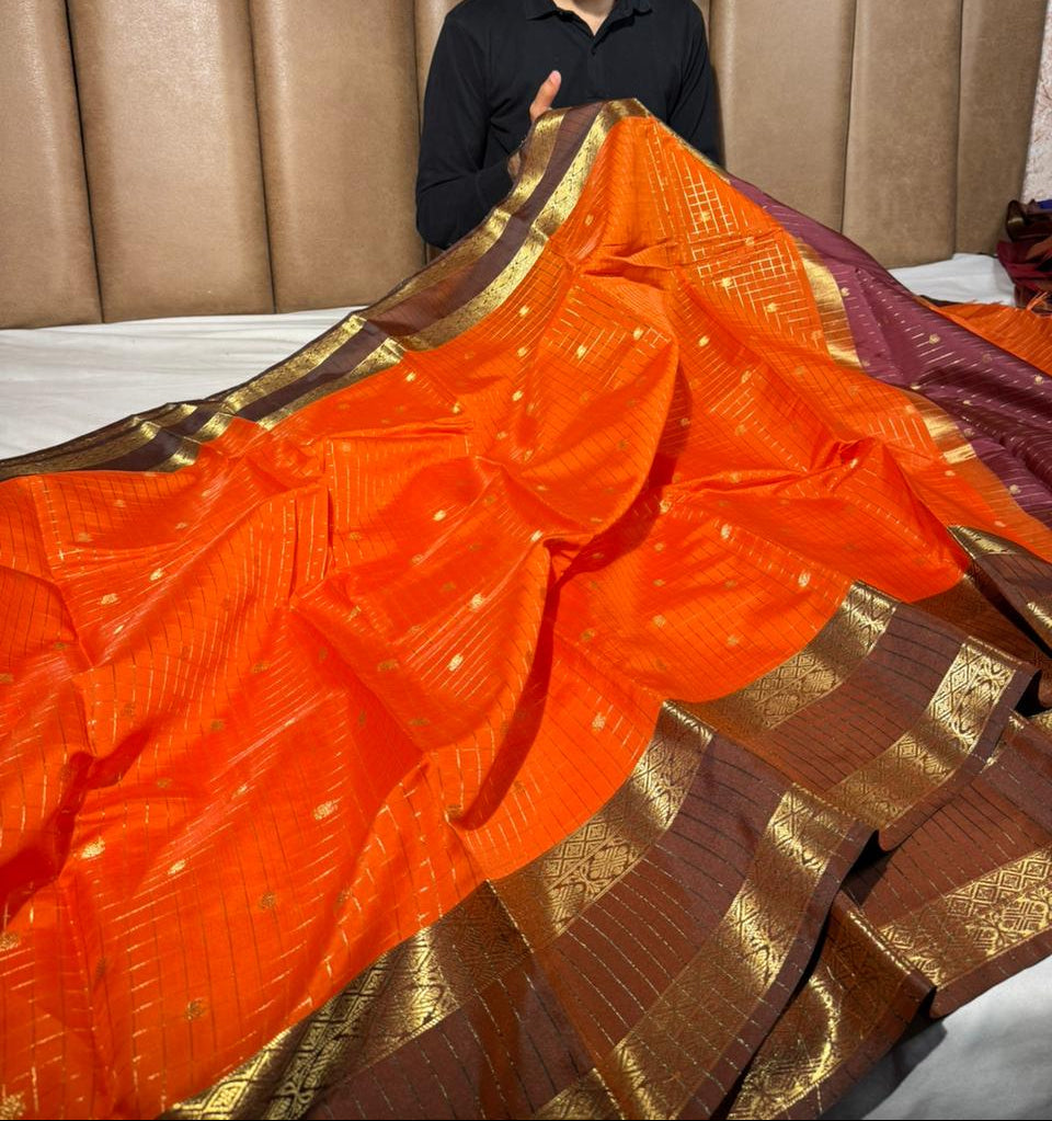 Orange checks buti softsilk Banarasi saree