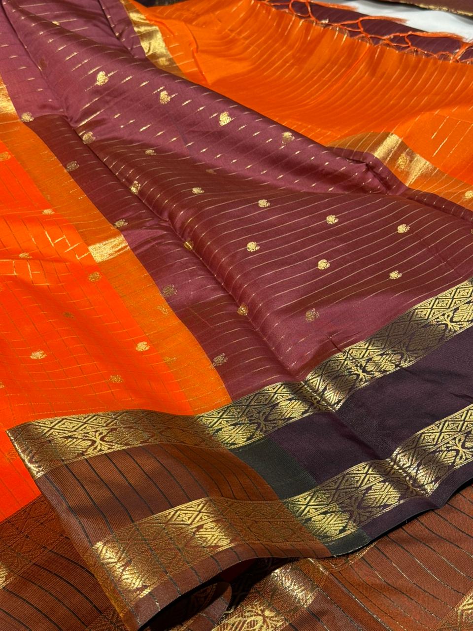 Orange checks buti softsilk Banarasi saree