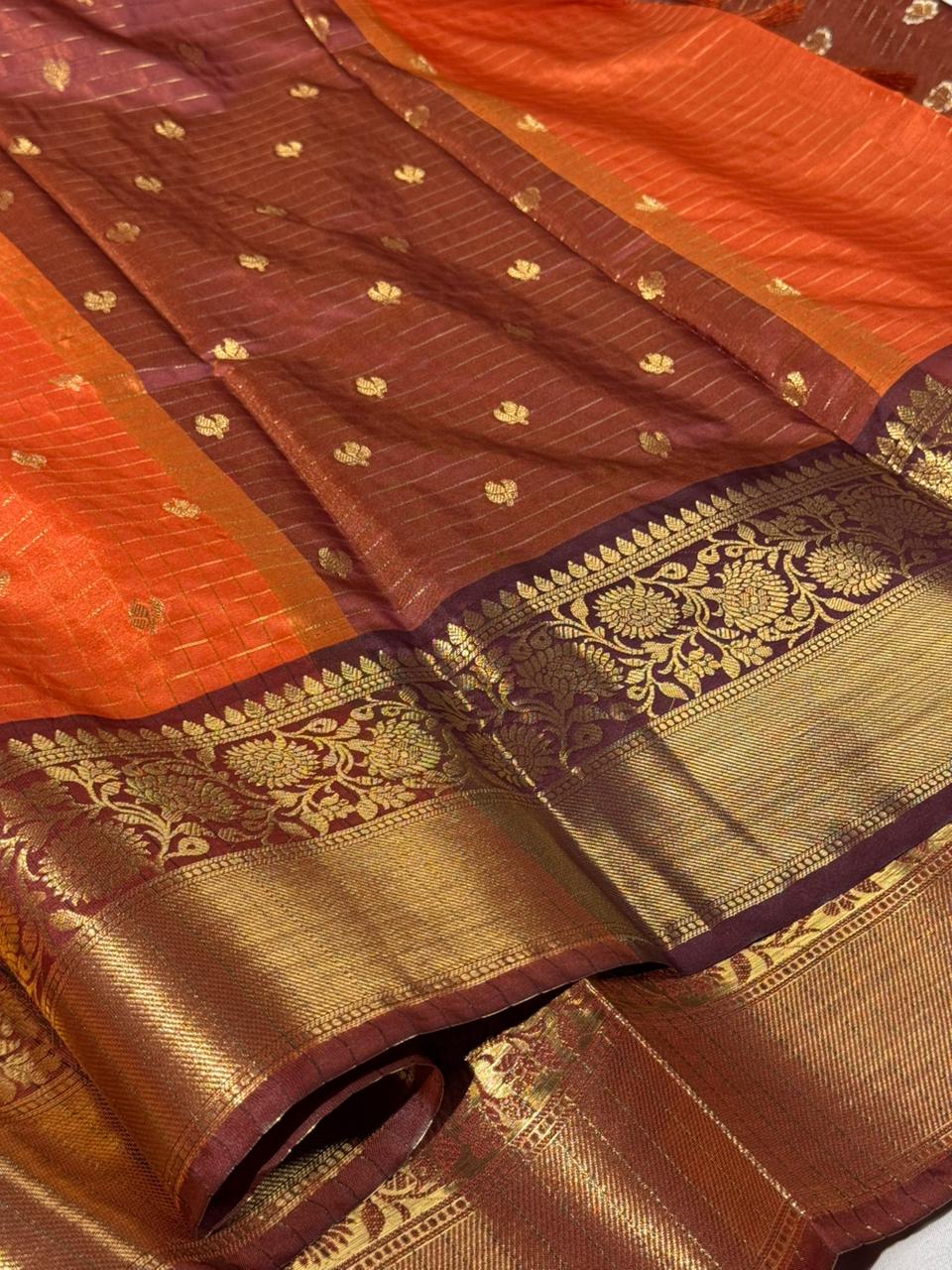 Rust orange checks buti softsilk Banarasi saree