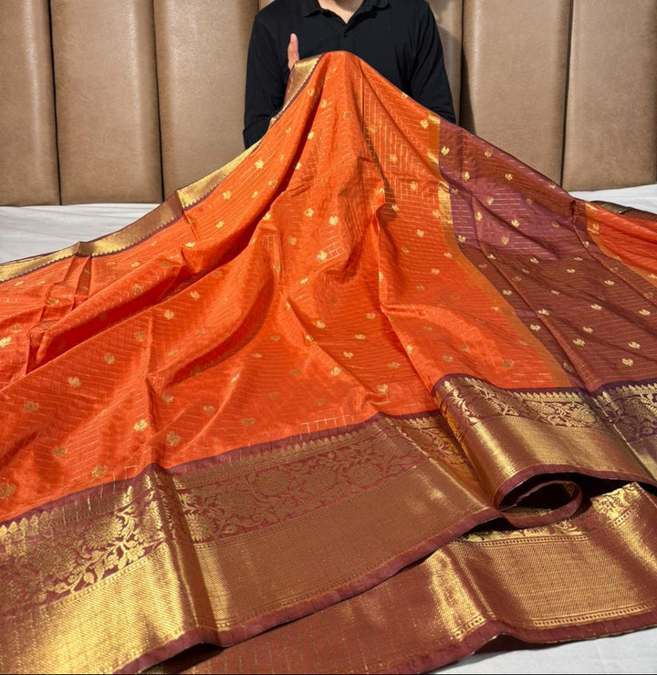 Rust orange checks buti softsilk Banarasi saree