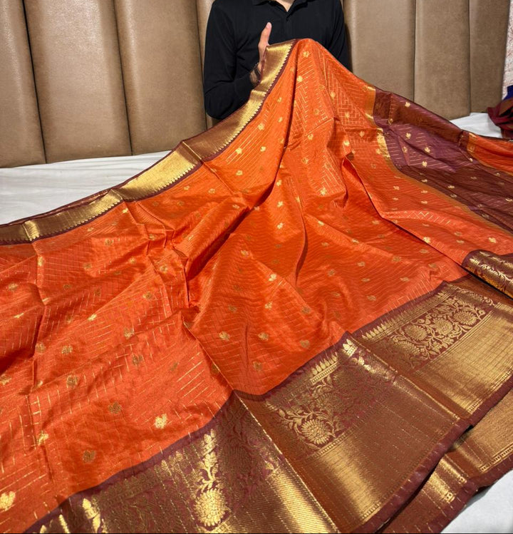 Rust orange checks buti softsilk Banarasi saree