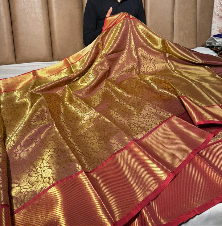 Coffee shade embossed kanjivaram tissue saree