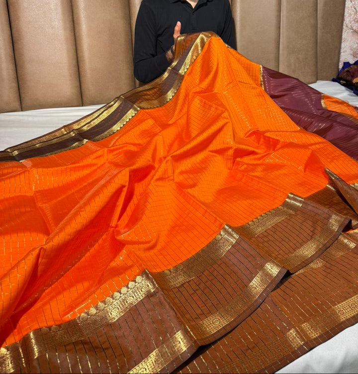 Bright orange checks weave cotton Banarasi saree