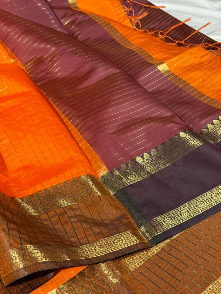 Bright orange checks weave cotton Banarasi saree