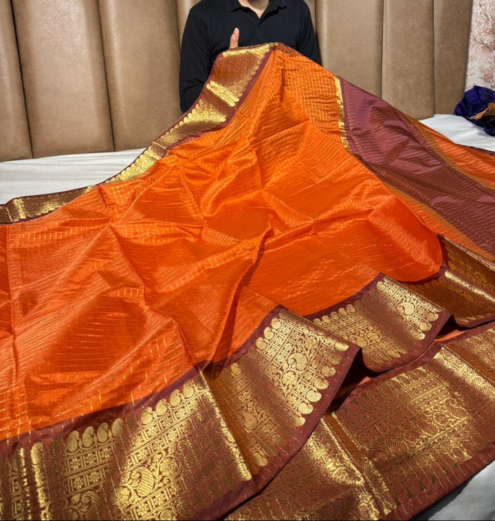 Rust orange checks weave softsilk Banarasi saree