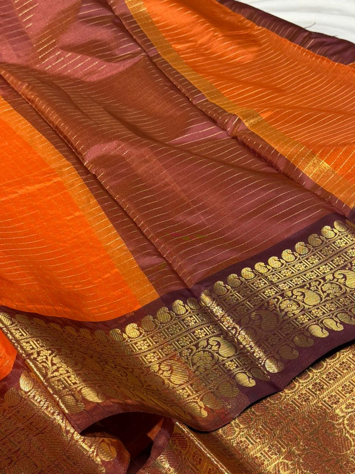 Rust orange checks weave softsilk Banarasi saree
