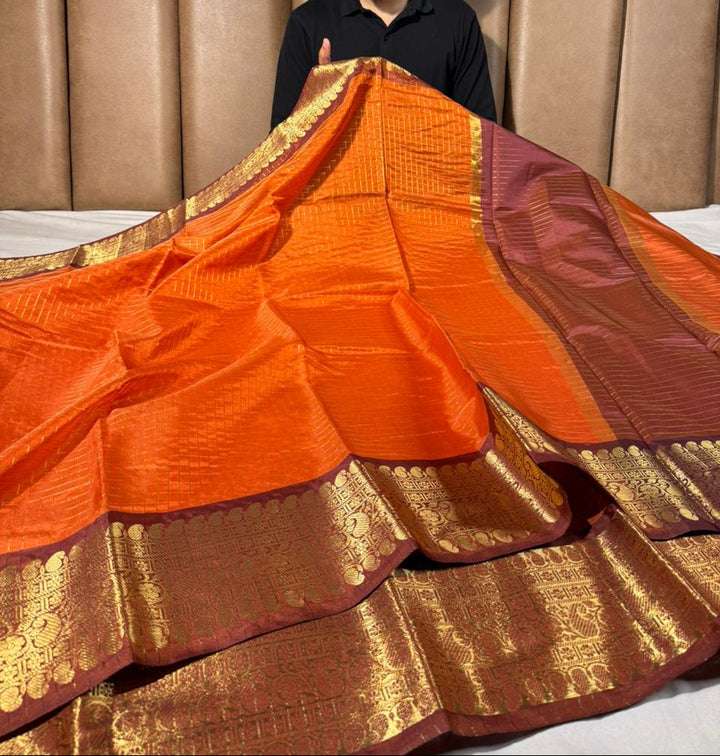 Rust orange checks weave softsilk Banarasi saree