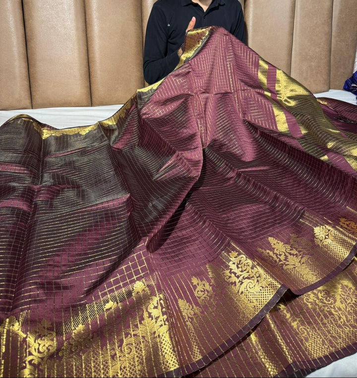 Rare wine checks Banarasi silk saree