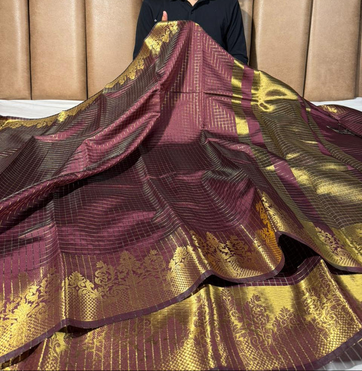 Rare wine checks Banarasi silk saree