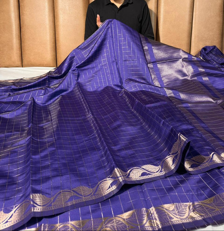 Light purple checks Banarasi silk saree