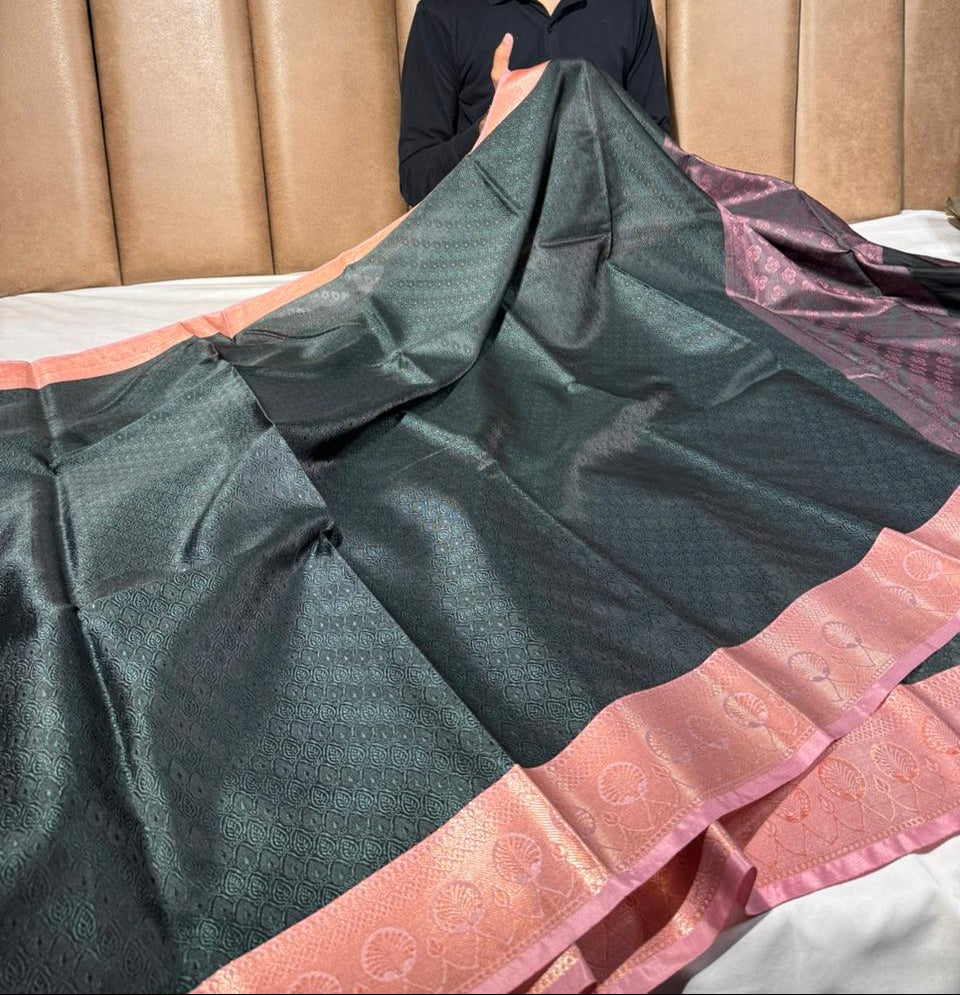 Bottle green embossed tanchoi Banarasi saree