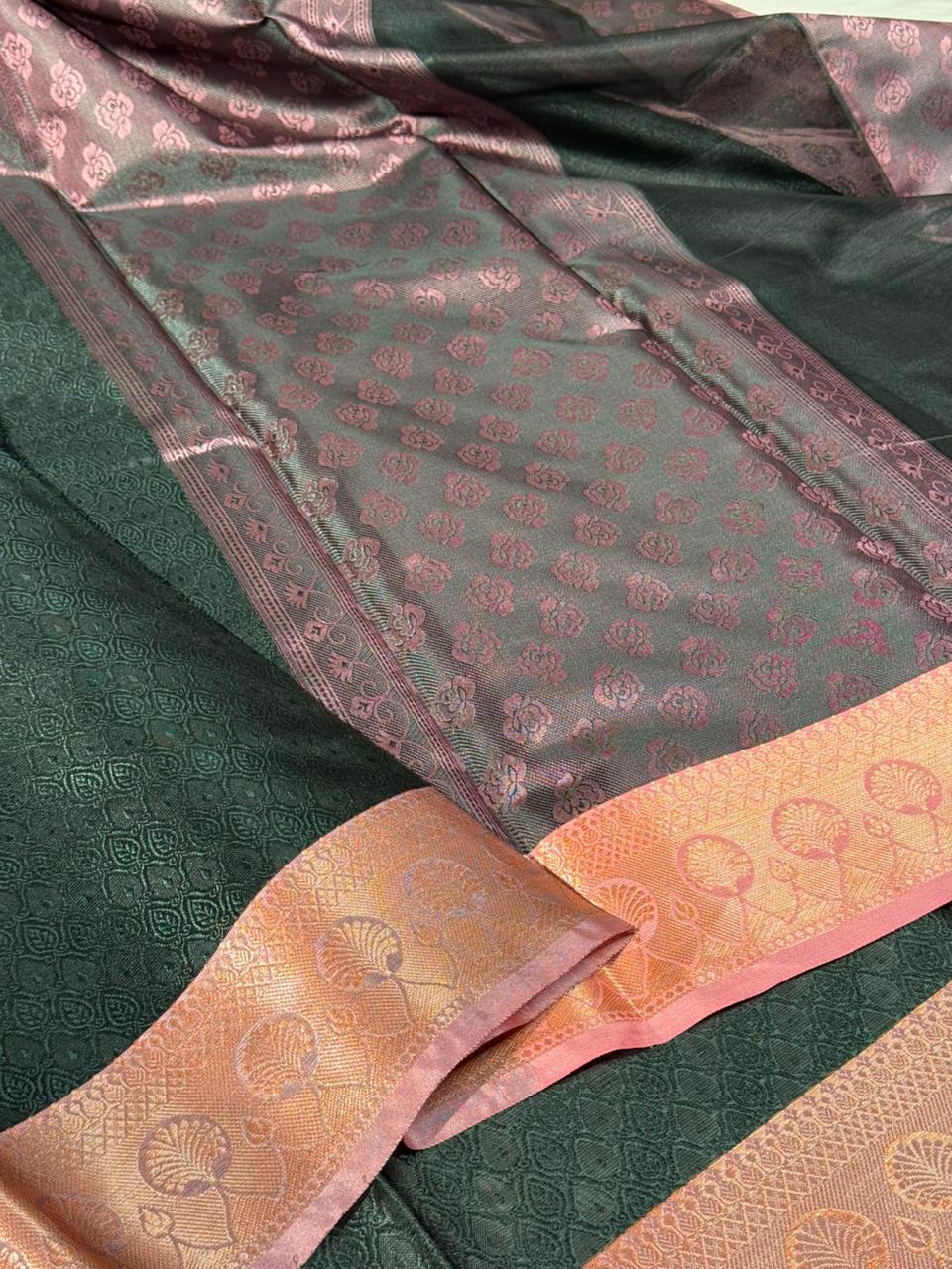 Bottle green embossed tanchoi Banarasi saree