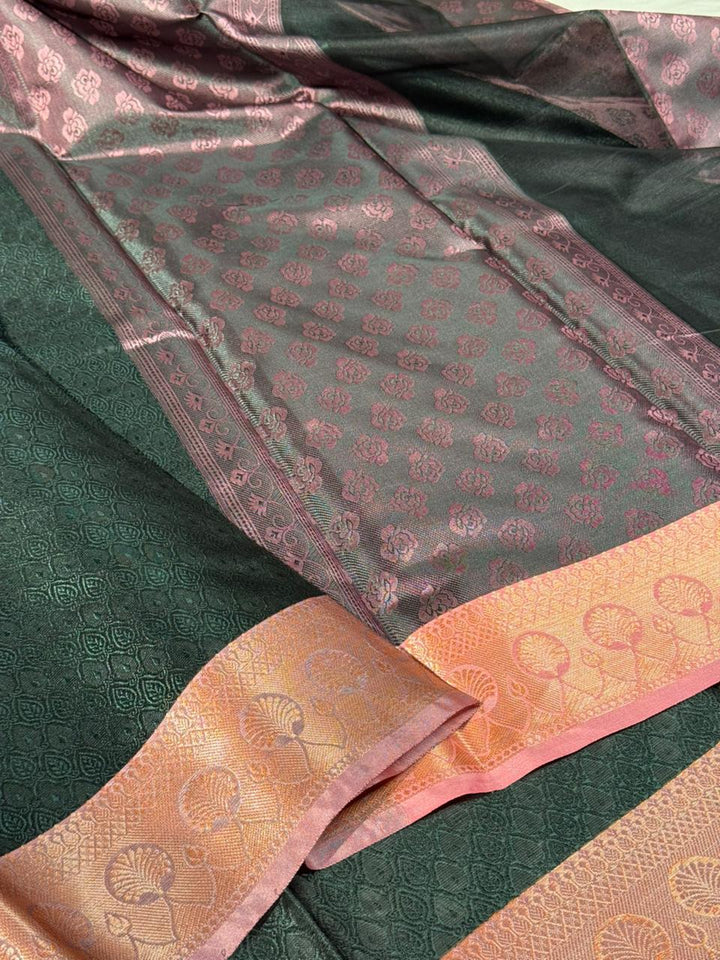 Bottle green embossed tanchoi Banarasi saree