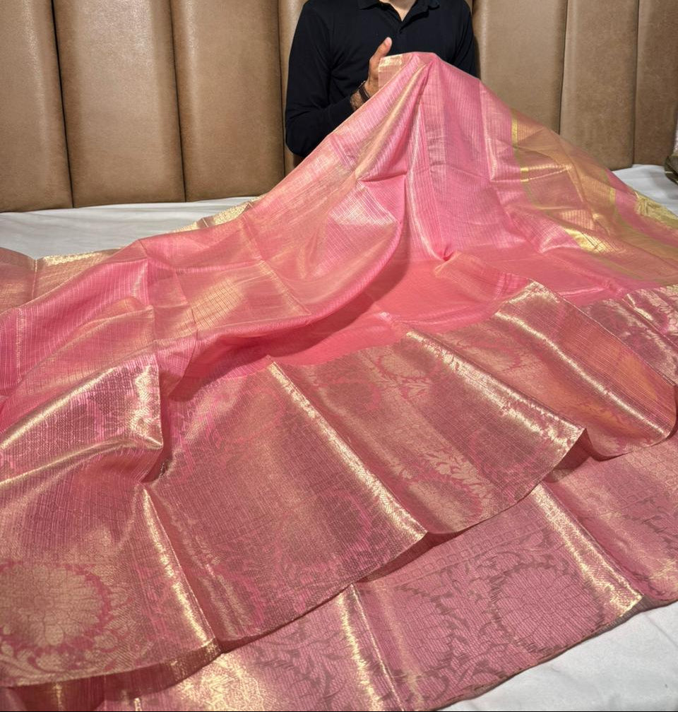 Light pink Kota cotton checks Banarasi saree