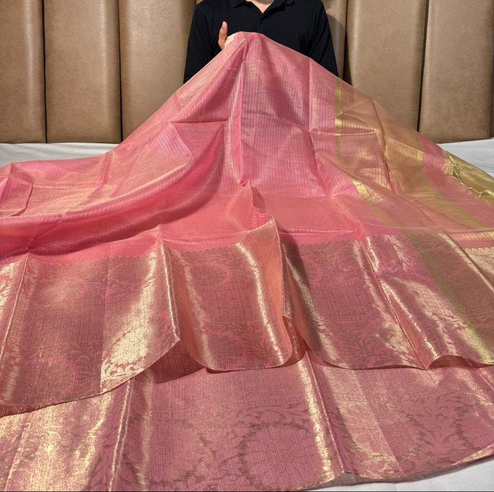 Light pink Kota cotton checks Banarasi saree