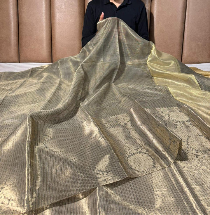 Ash grey Kota checks weave Banarasi saree
