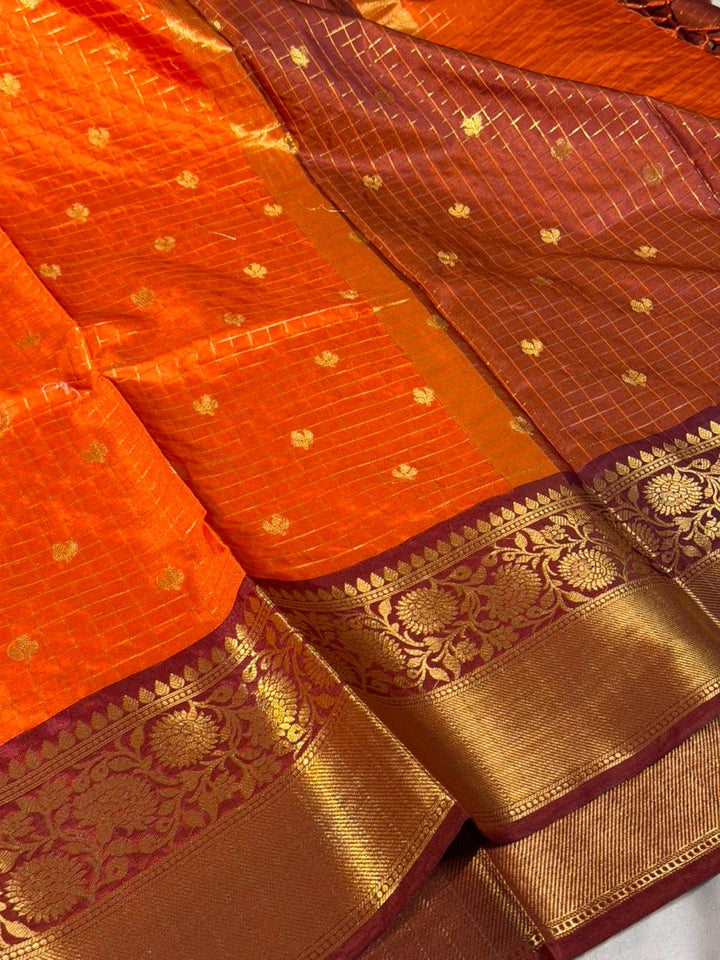 Bright Orange Checkered Buti Softsilk Banarasi Saree
