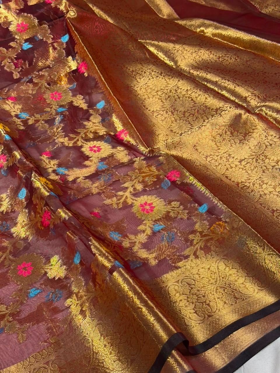 Light Maroon Meenakari Floral Organza Banarasi Saree