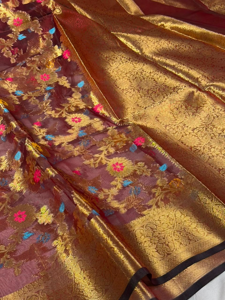 Light Maroon Meenakari Floral Organza Banarasi Saree