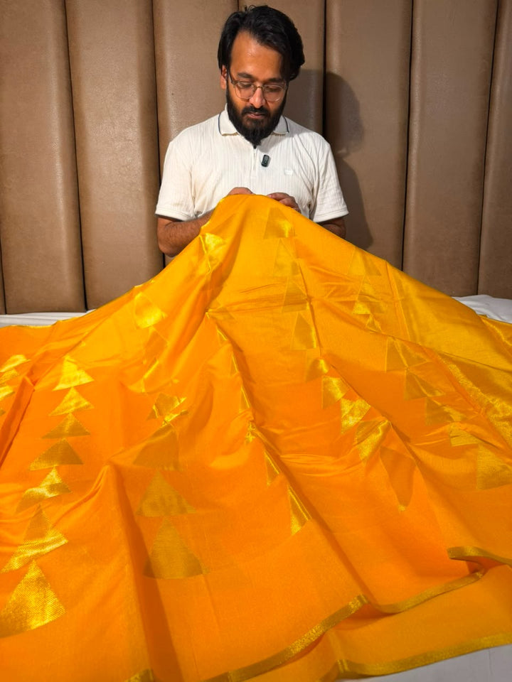 Bright Yellow Temple Design Cotton Banarasi Saree