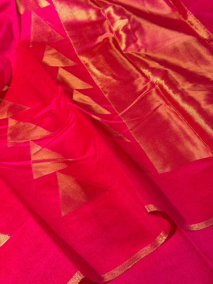 Rani Pink Temple Design Cotton Banarasi Saree