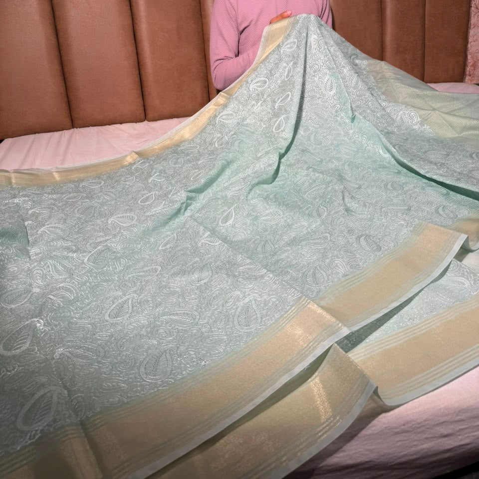 Sea Green Soft Cotton Chikankari Embroided Saree