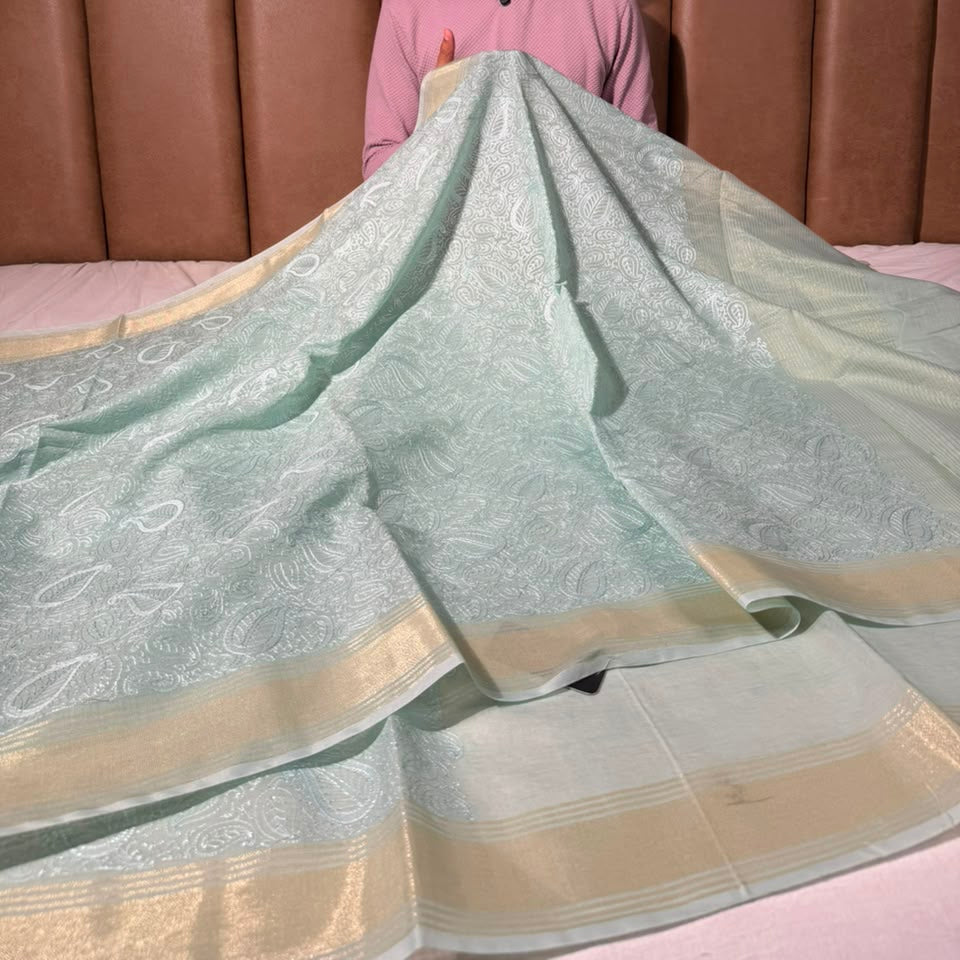 Sea Green Soft Cotton Chikankari Embroided Saree