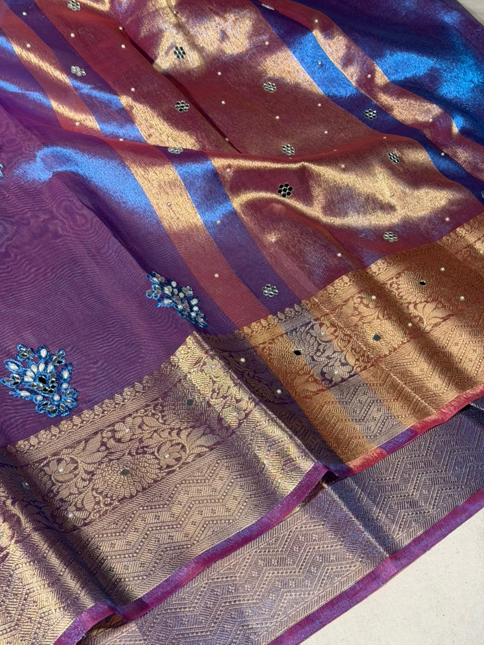 Cobalt Blue Kora Tissue Handwork Buta Saree
