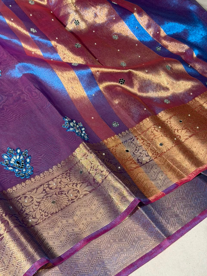 Cobalt Blue Kora Tissue Handwork Buta Saree
