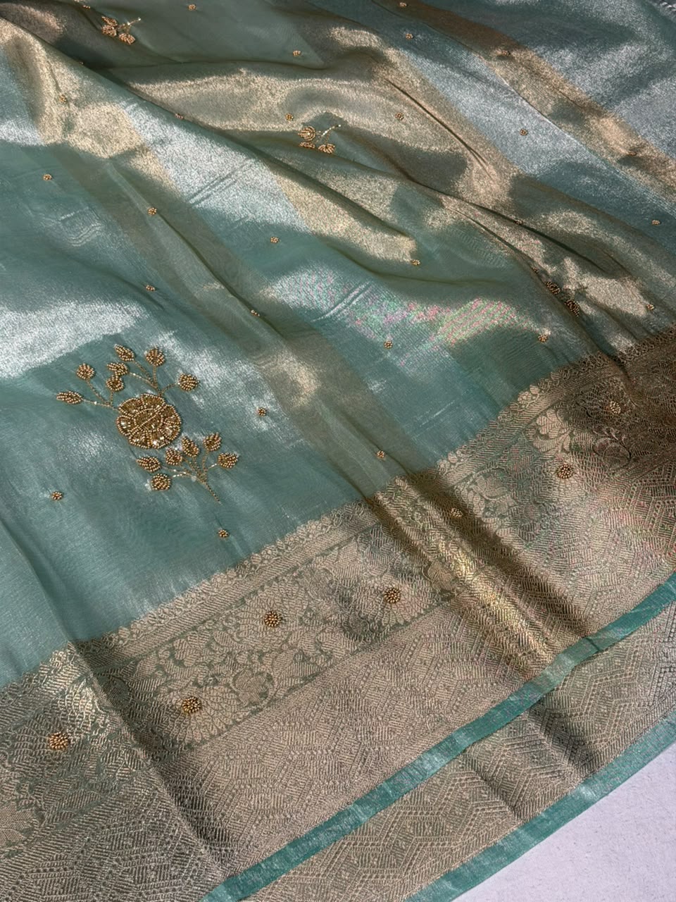 Sea Green Kora Tissue Handwork Banarasi Saree