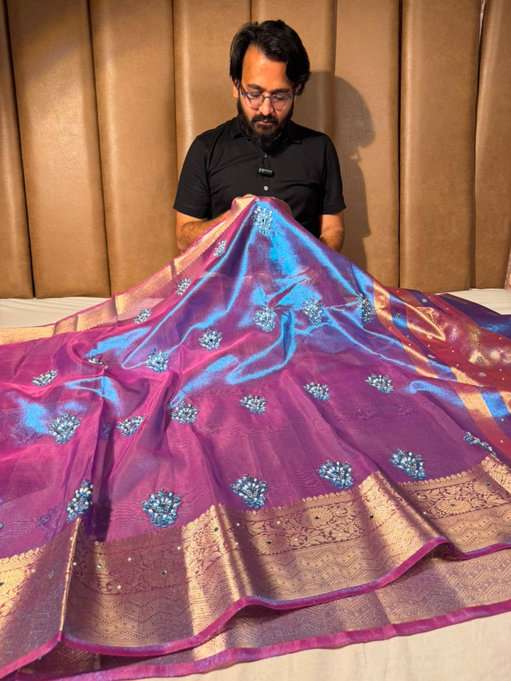 Cobalt Blue Kora Tissue Handwork Buta Saree