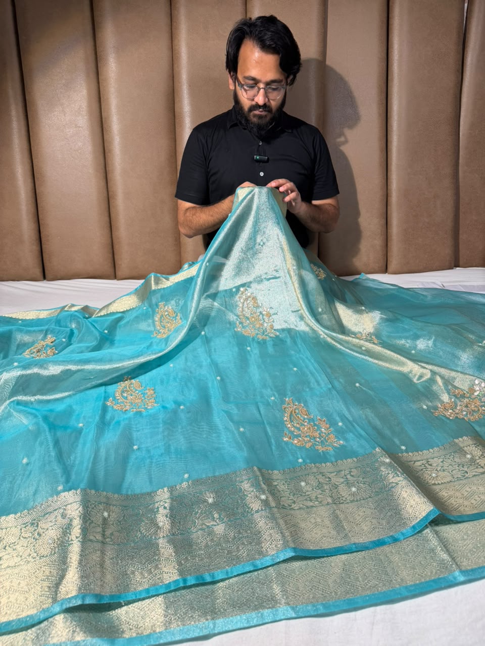 Mint Green Kora Tissue Handwork Banarasi Saree