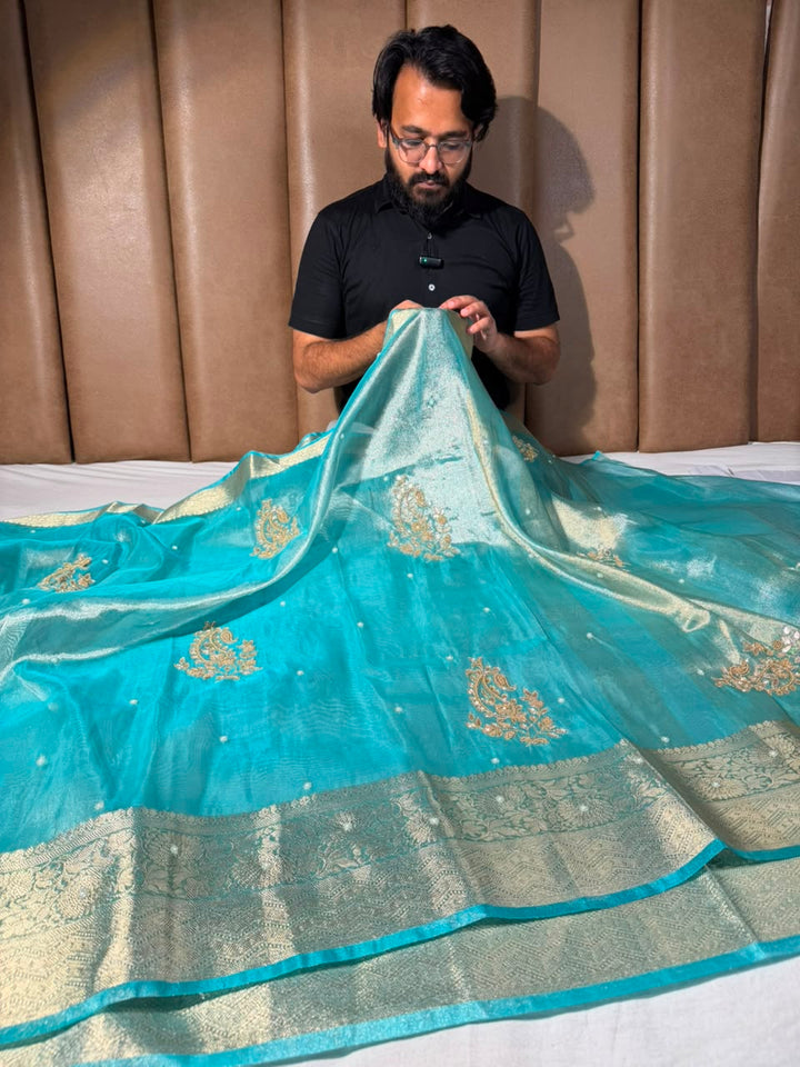 Mint Green Kora Tissue Handwork Banarasi Saree