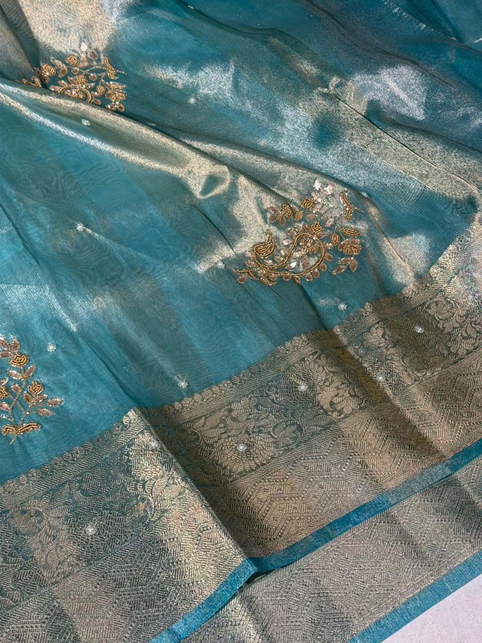 Mint Green Kora Tissue Handwork Banarasi Saree